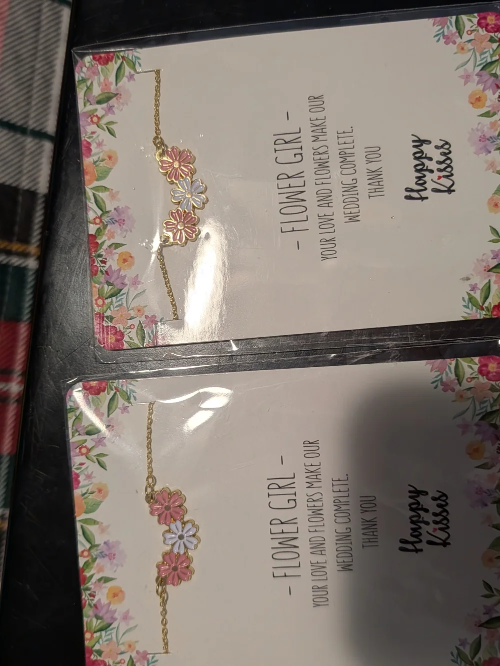 Gold Flower Girl Bracelet with Pink and White Enamel Flowers